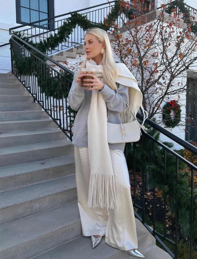 Oversized sweater + cream silk pants.