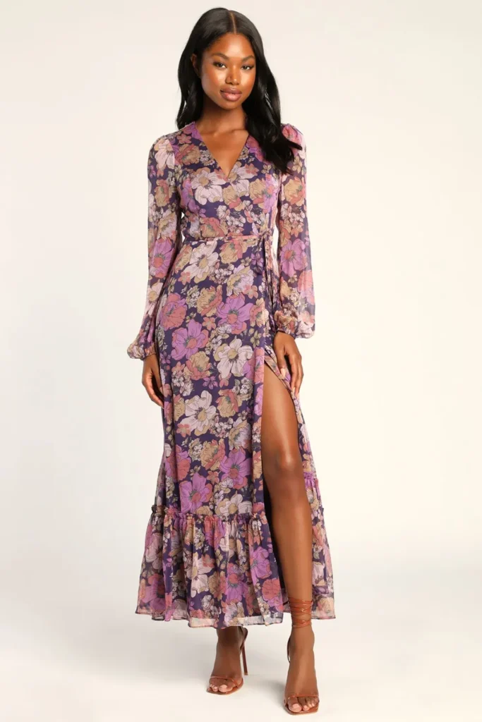 Purple Floral Print Long Sleeve Wrap Maxi Dress