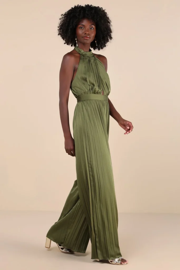 Olive Green Satin Pleated Halter Jumpsuit