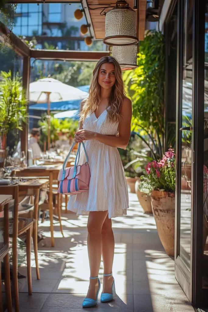 Pink and Blue Purse with White Midi Dress and Pastel Blue Heels