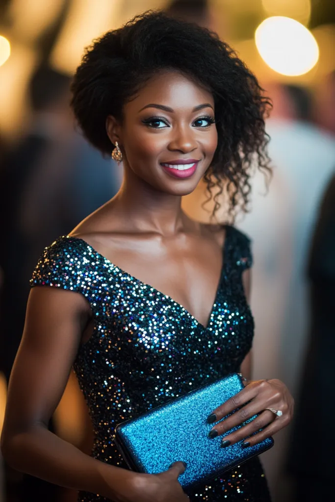 Metallic Blue Purse with Black Sequin Dress and High Heels