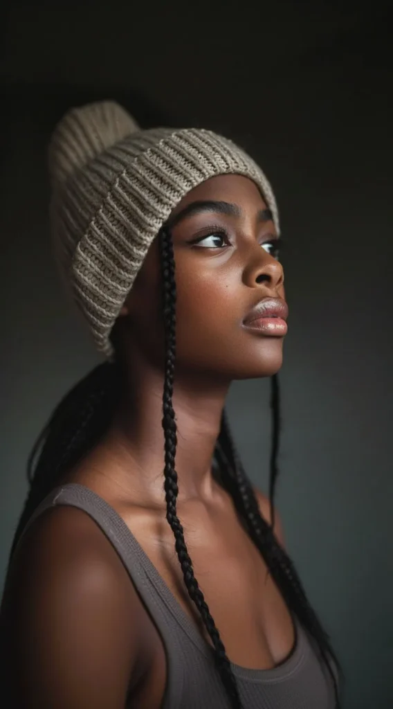 Beanie Over Low Ponytail Braids with Braided Framing Tendrils