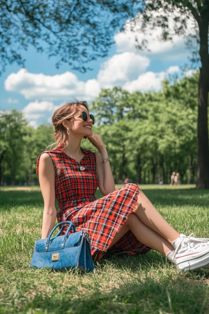 Blue Jean Purse with Red Plaid Dress and White Sneakers