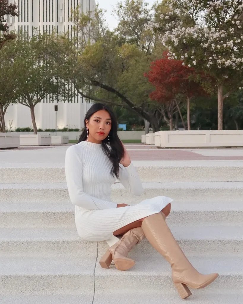 Sweater Dress + Knee-High Boots + Pearl Earrings