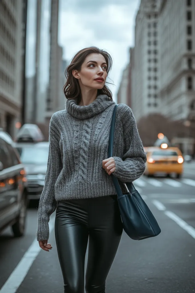 Dark Blue Purse with Gray Sweater, Black Leather Leggings, and Ankle Boots