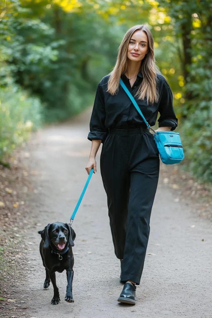 Bright Blue Purse with All-Black Ensemble with Black Ankle Boots