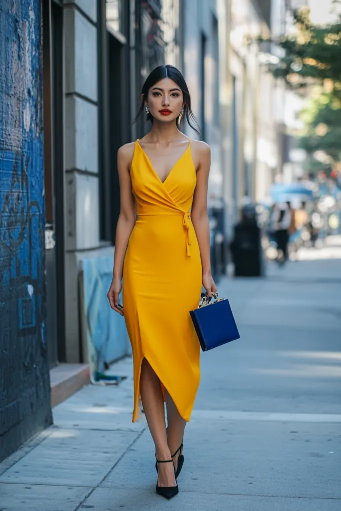 Cobalt Blue Purse with an Electric Yellow Dress and Black Stilettos