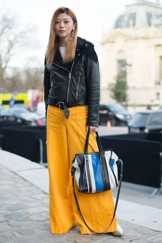  Bold in Yellow Pants and Leather Jacket