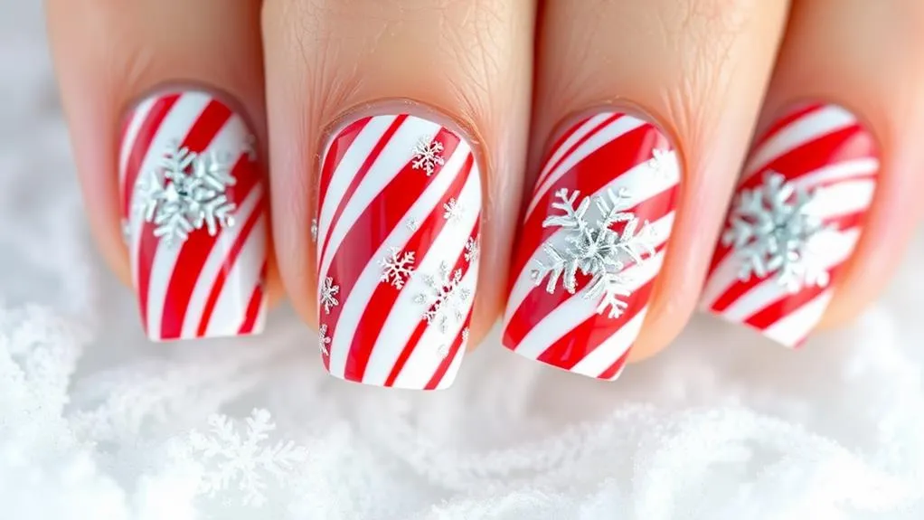 Christmas Candy Cane Nail With Snowflakes