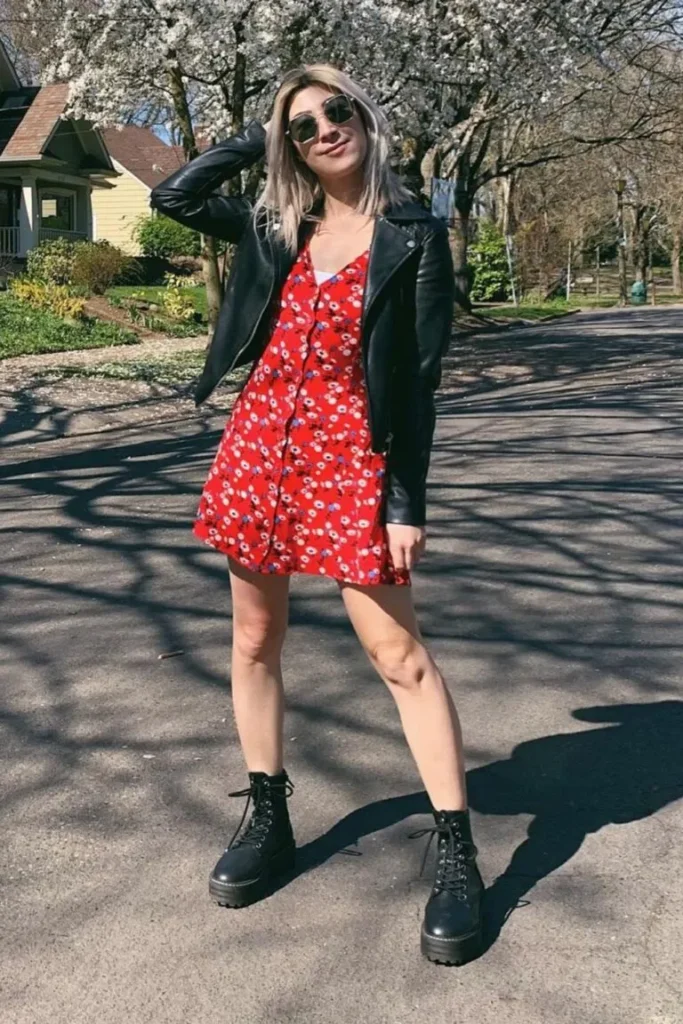 Leather jacket and dress outfit