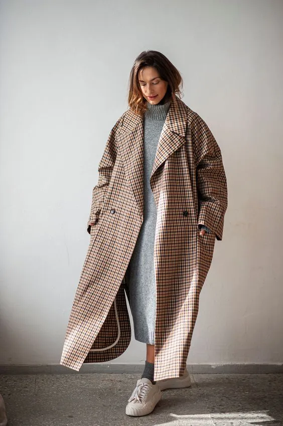 Oversized Plaid Coat with Knitted Dress